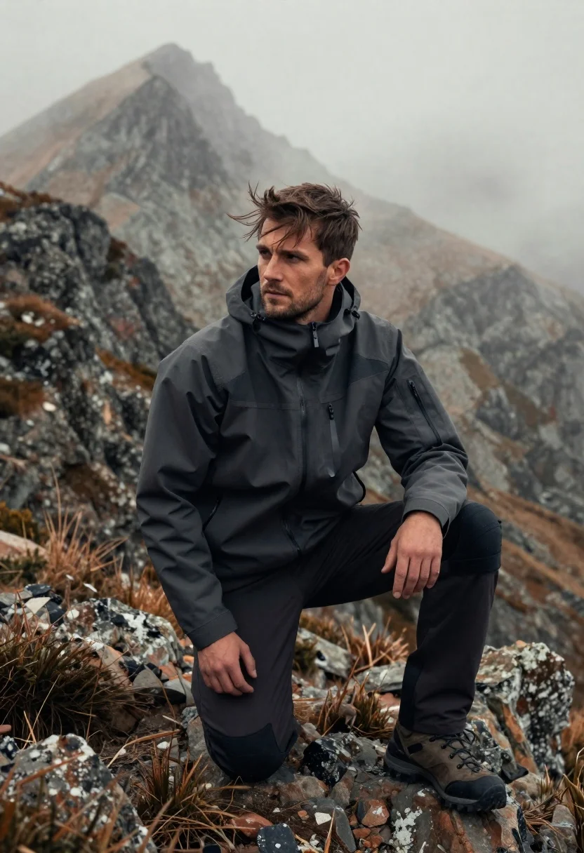 Rugged Man Kneels Rocky Mountain Ridge With Misty Peaks Rising