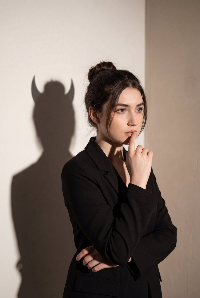 A pensive young woman in a tailored black blazer, her right finger on her lips, cast in dramatic hard light, with a distinct devil silhouette shadow.