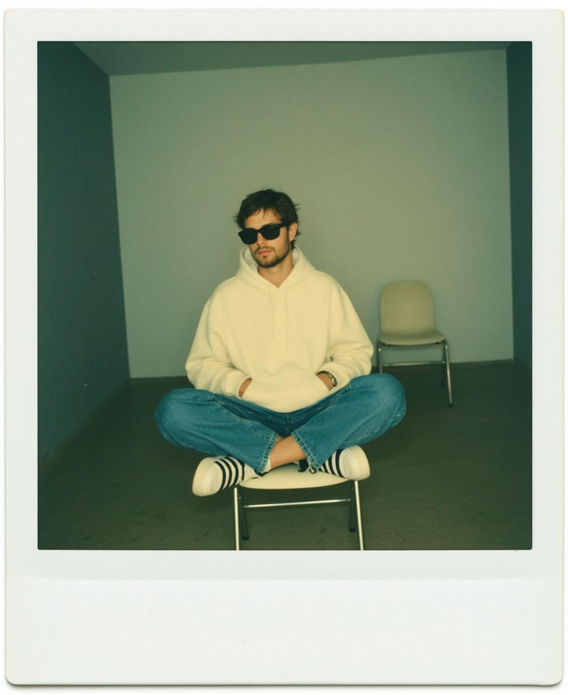 Cream Hoodie Cross Legged Pose