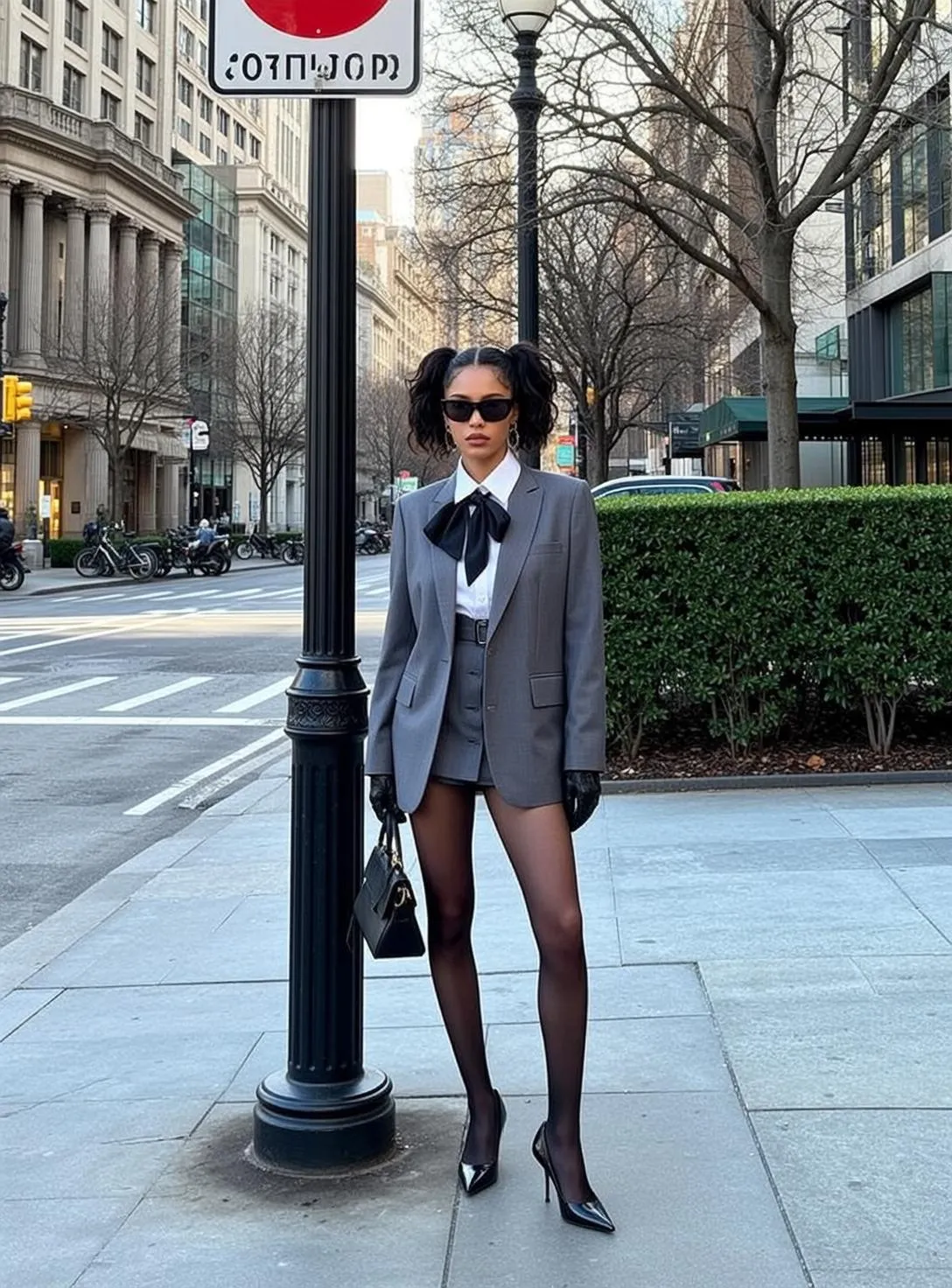 City Street Woman Grey Blazer Black Sunglasses Handbag