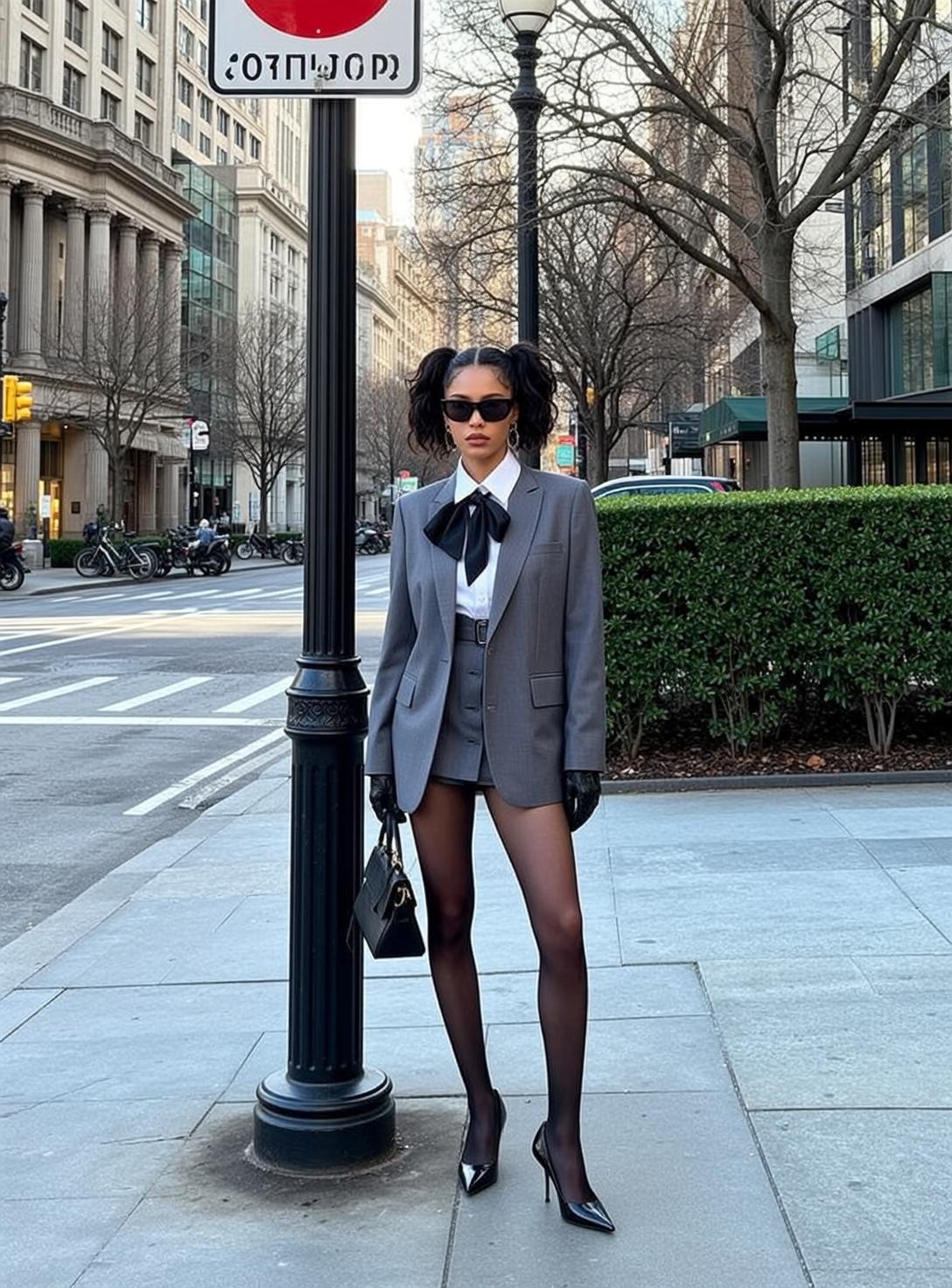 City Street Woman Grey Blazer Black Sunglasses Handbag