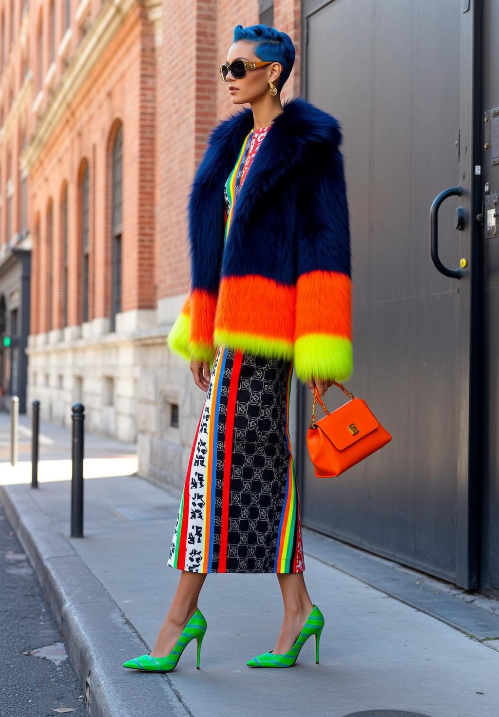 Blue Hair Woman Neon Fur Coat Urban Street Fashion