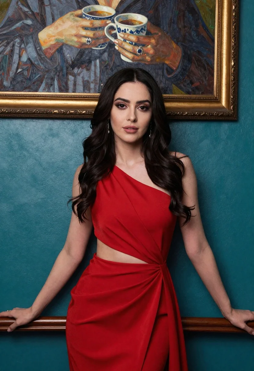 Woman With Long Wavy Dark Hair Stands Formal Portrait Pose reference photo