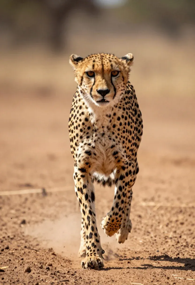 Cheetah Sprinting Directly Toward The Camera With Intense Focus And