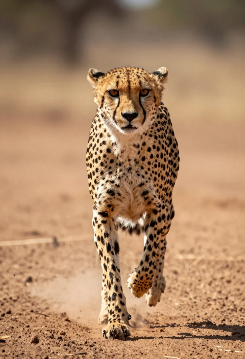 Cheetah Sprinting Directly Toward The Camera With Intense Focus And