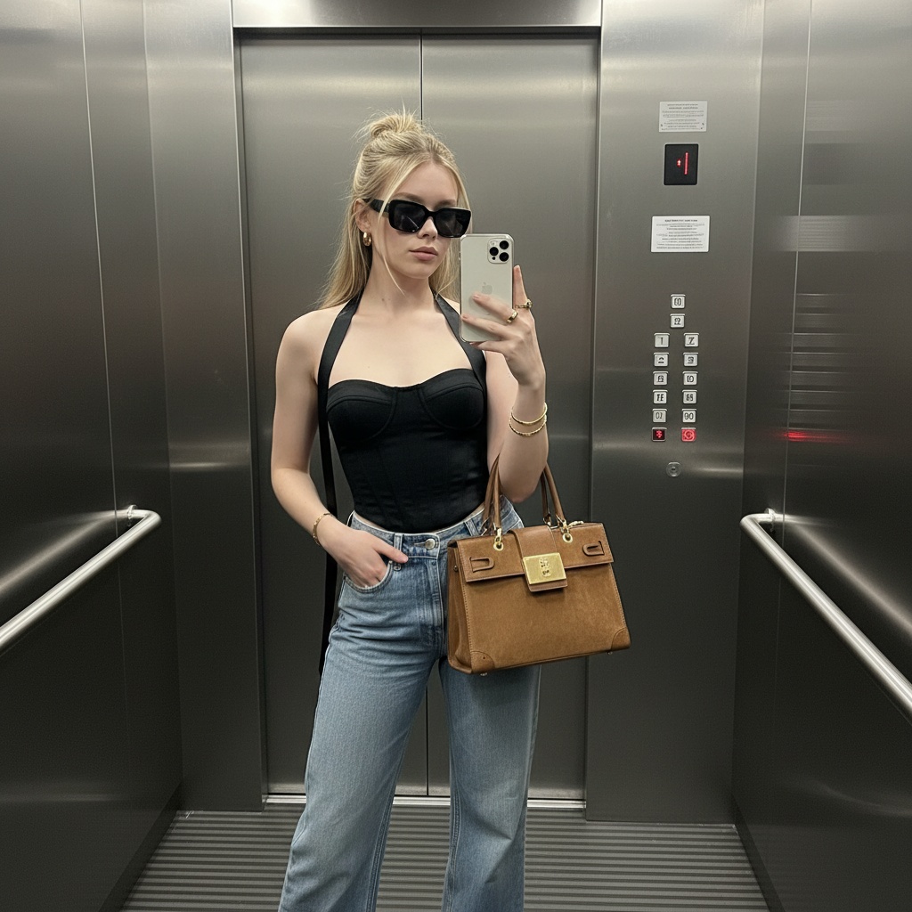 Realistic Woman Elevator Selfie Blonde Hair