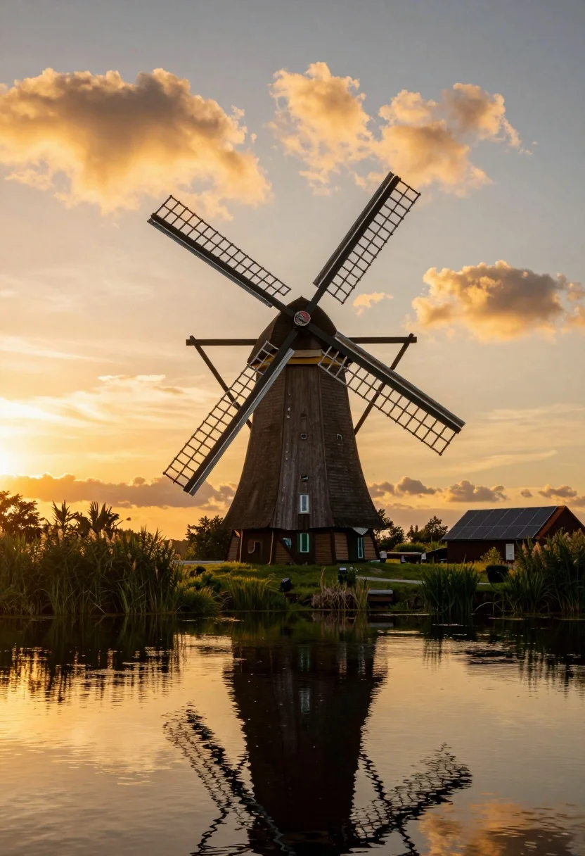 Traditional Wooden Windmill Stands Tall Beside Calm Body Water Under