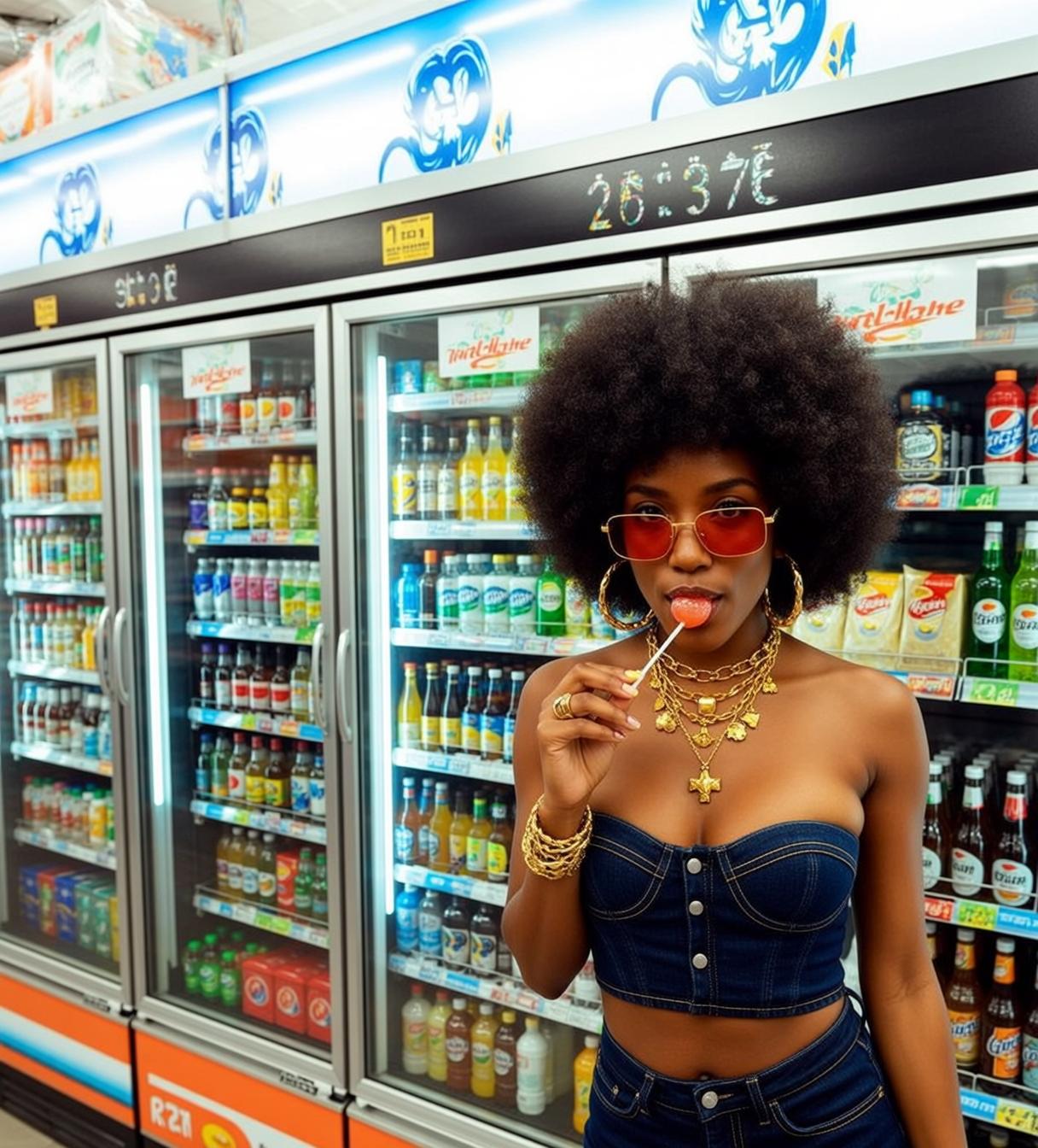 Black Woman Afro Denim Corset Lollipop Supermarket Aisle