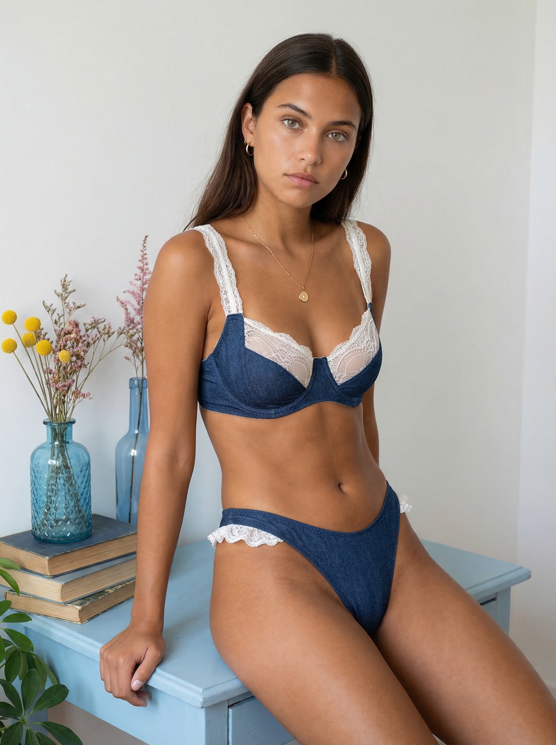 Denim Lingerie On Blue Dresser White Wall