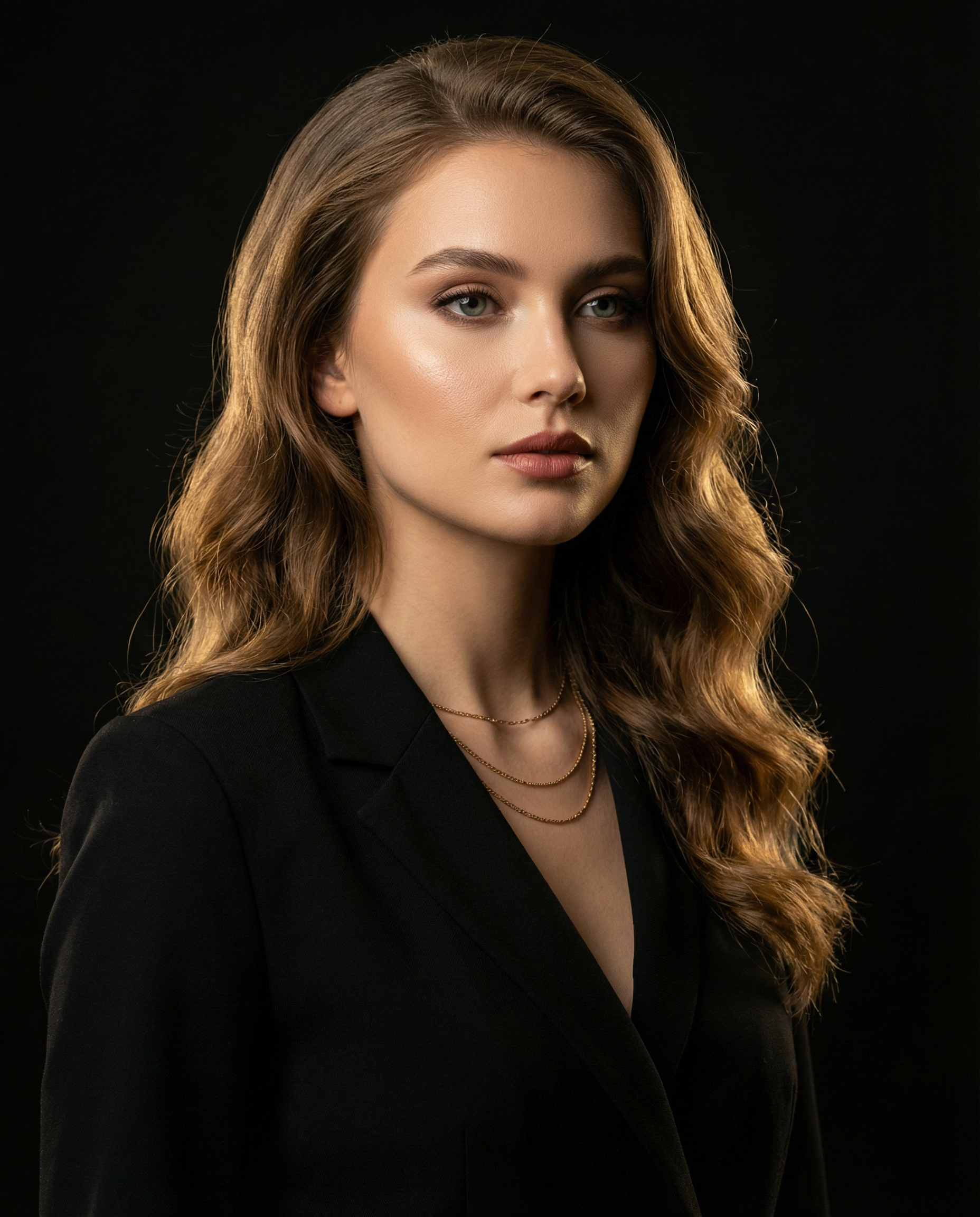 Elegant female portrait in tailored black blazer with soft studio lighting and matte black background.