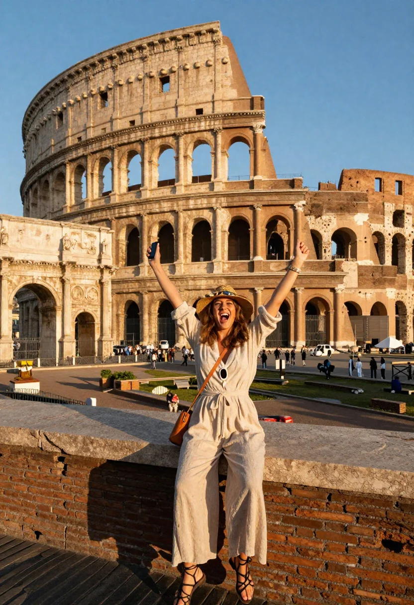 Iconic Colosseum Selfie Scene Exhilarated Tourist Woman Rome Ancient Amphitheater reference photo