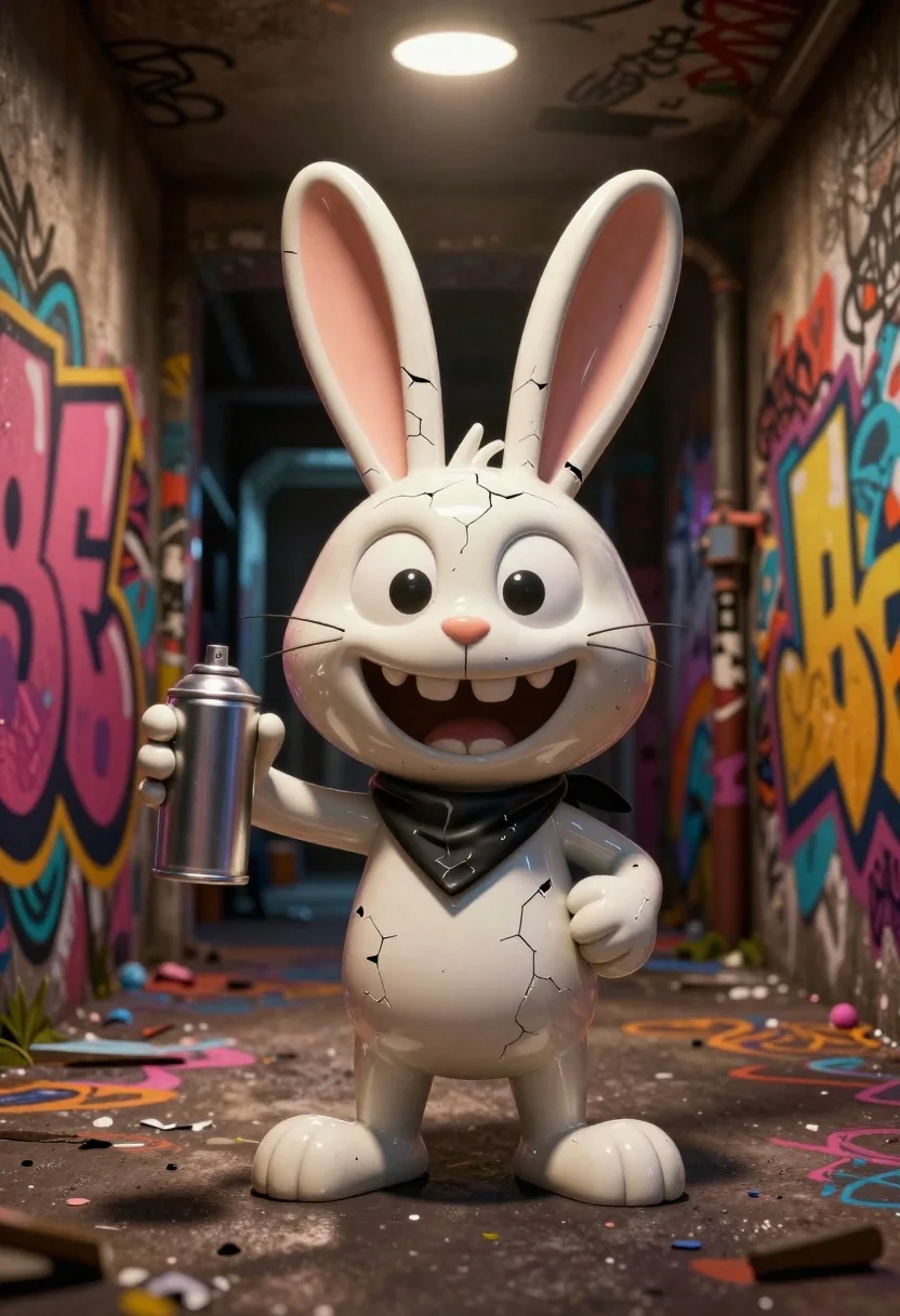 Rendered Cartoon Rabbit Standing Graffiti-covered Urban Tunnel Subject Large Expressive reference photo