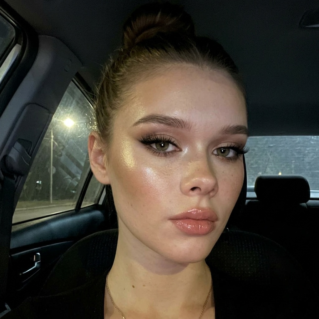 Extreme close-up selfie of Valena with dramatic glam makeup, confident expression in a dark car at night with soft lighting effects.