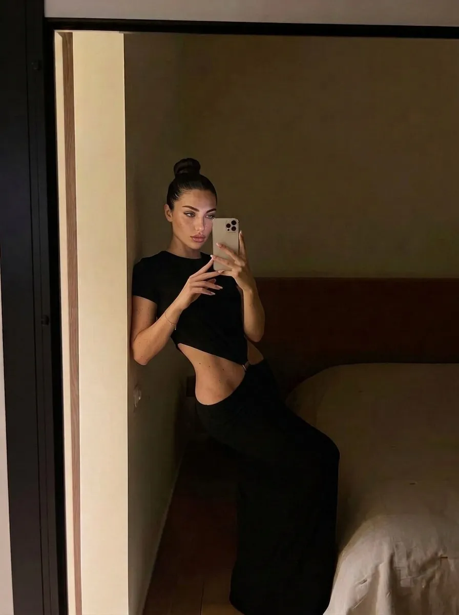 Black Waist Cutout Dress Bedroom Mirror Selfie