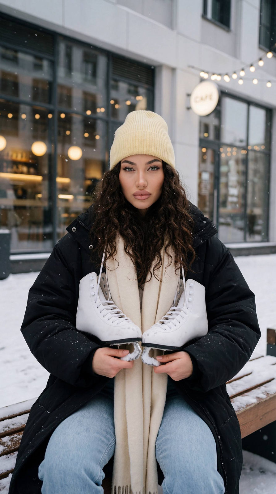 A woman in a pale yellow beanie sits on a snowy bench holding figure skates, exuding a calm and fashionable winter aura.