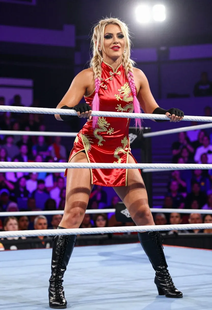 Confident Female Wrestler Posing Inside Wrestling Ring While Gripping The