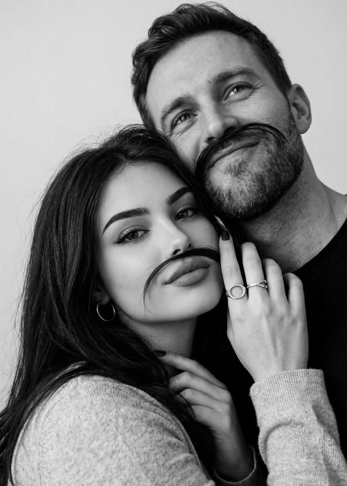 A black and white fashion portrait featuring two adults playfully posing, with one holding hair strands above their lips, against a light wall.