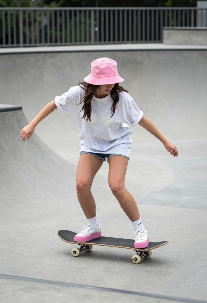 Young Woman Riding Skateboard Urban Skatepark Subject Young Female With