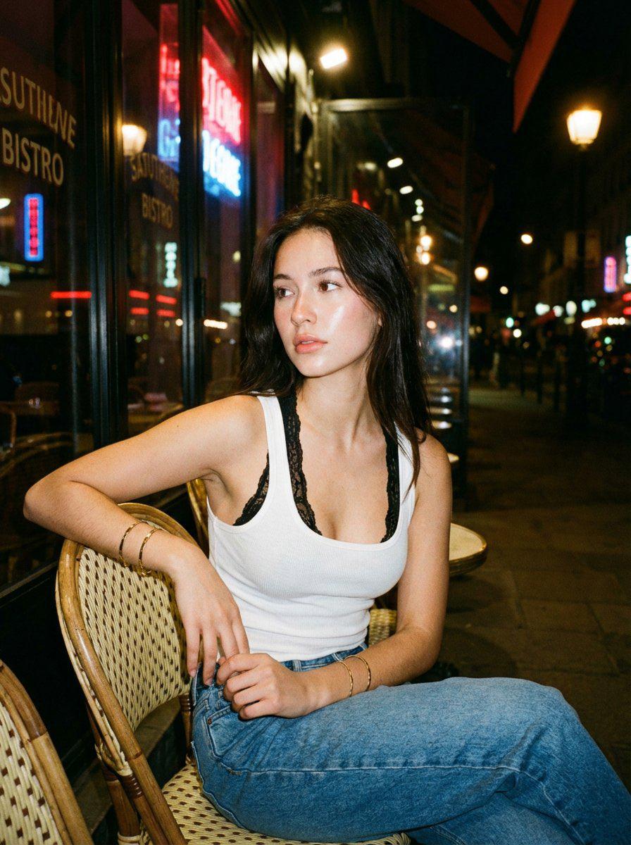 A woman seated on a wicker chair outside a bistro at night, wearing a white ribbed tank top and denim jeans, captured in a candid moment.
