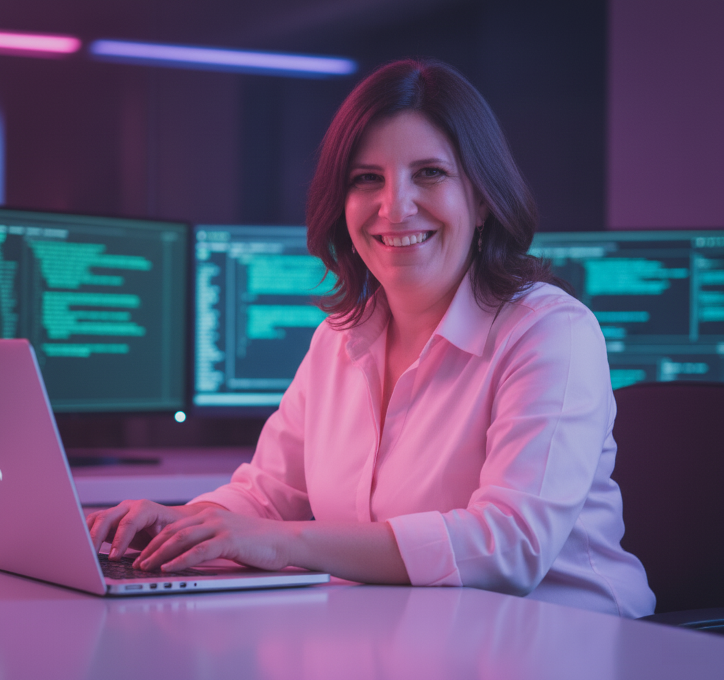 A woman sitting confidently at a modern desk, hands on a silver laptop, illuminated by colorful LED lights in a tech-inspired setting.