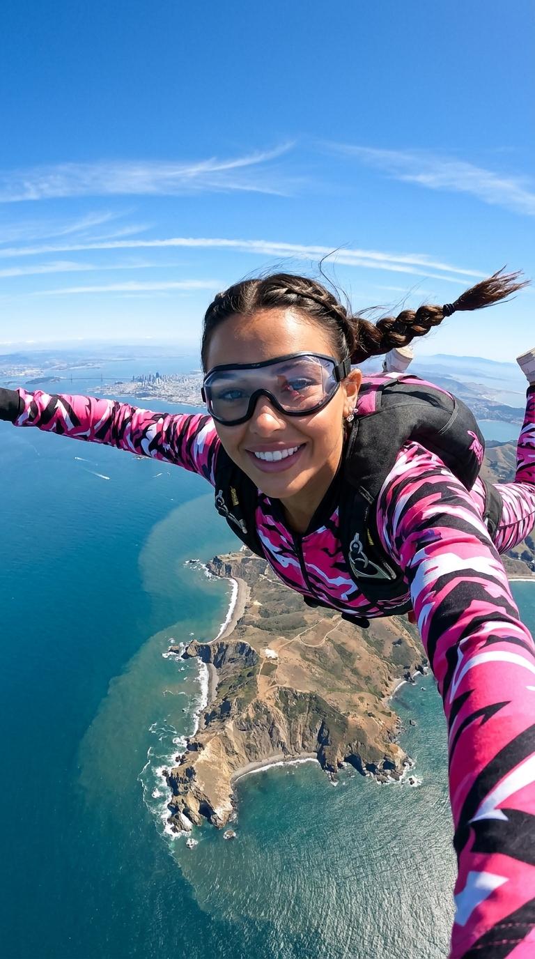 Skydiver Joyful Smile Aerial Coastline City Skyline