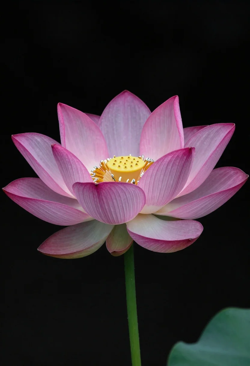 Photorealistic Close-up Single Lotus Flower Against Pure Black Background Subject reference photo
