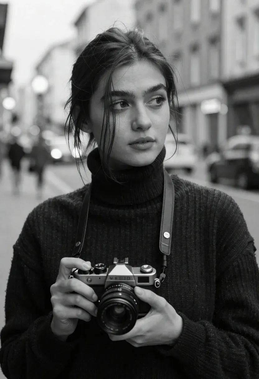 Black And White Portrait Young Woman Holding Camera With Contemplative