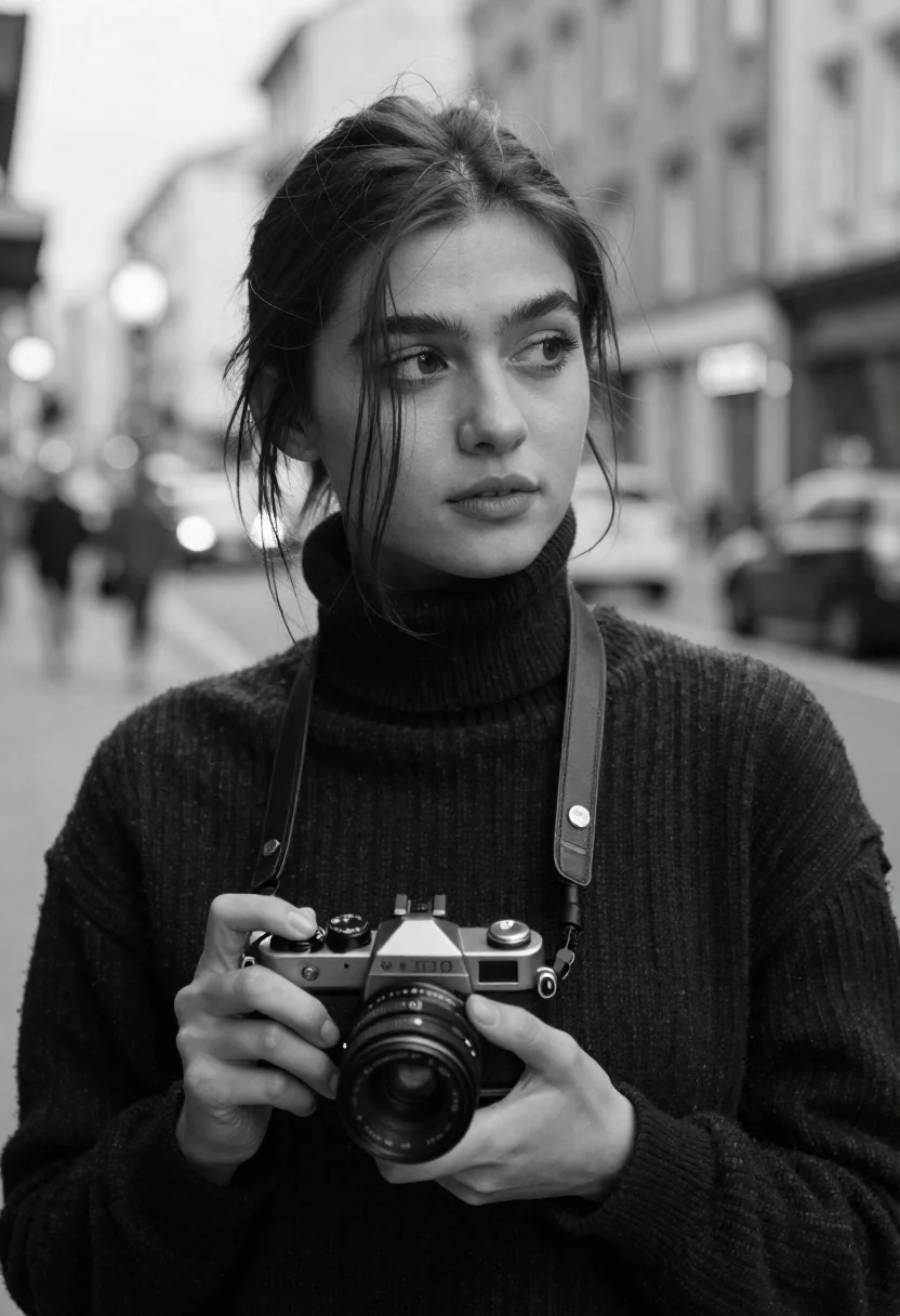 A contemplative young woman holding a camera in a black and white portrait