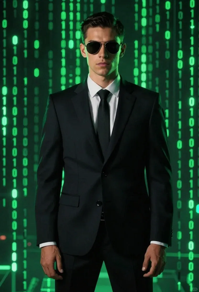 Cinematic Portrait Man Dark Suit And Tie Standing Against Glowing