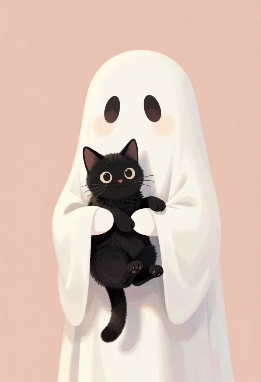 Soft Pastel Digital Illustration Cute Ghostly Figure Hugging Black Cat
