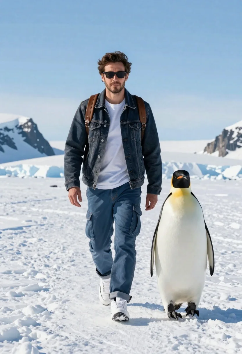 Man Walks Confidently Across Vast Snowy Landscape Alongside Emperor Penguin
