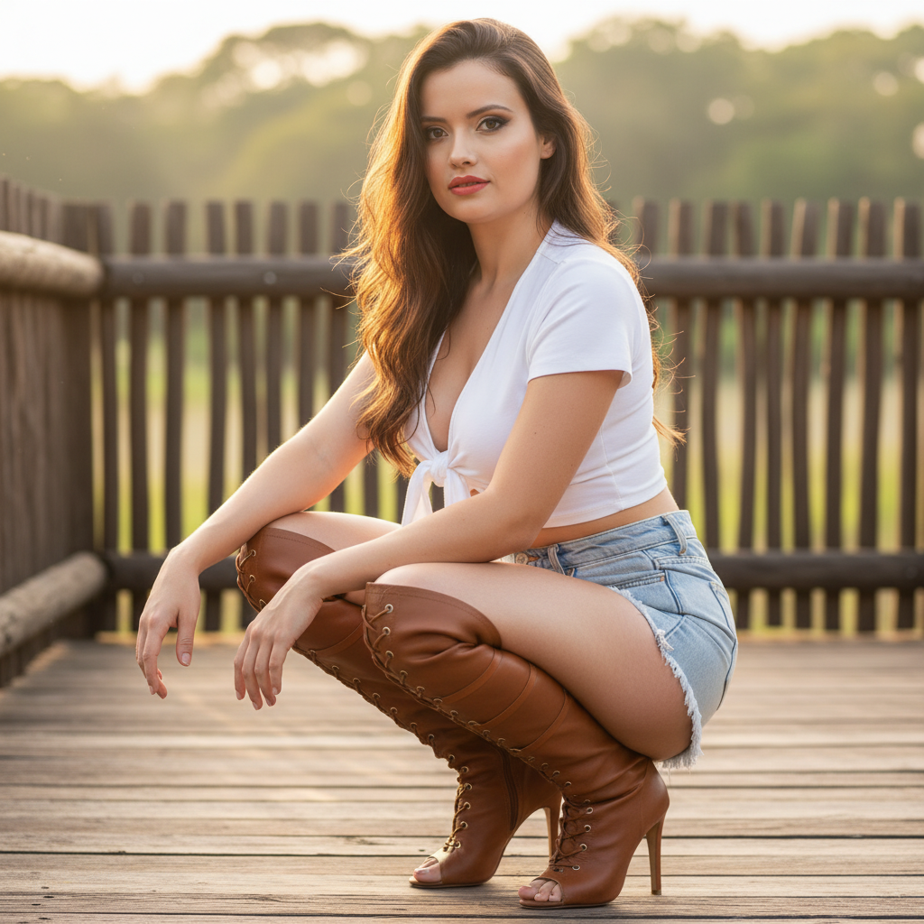 A confident female model in a white cropped top and denim shorts crouches on a wooden deck, bathed in golden hour light.