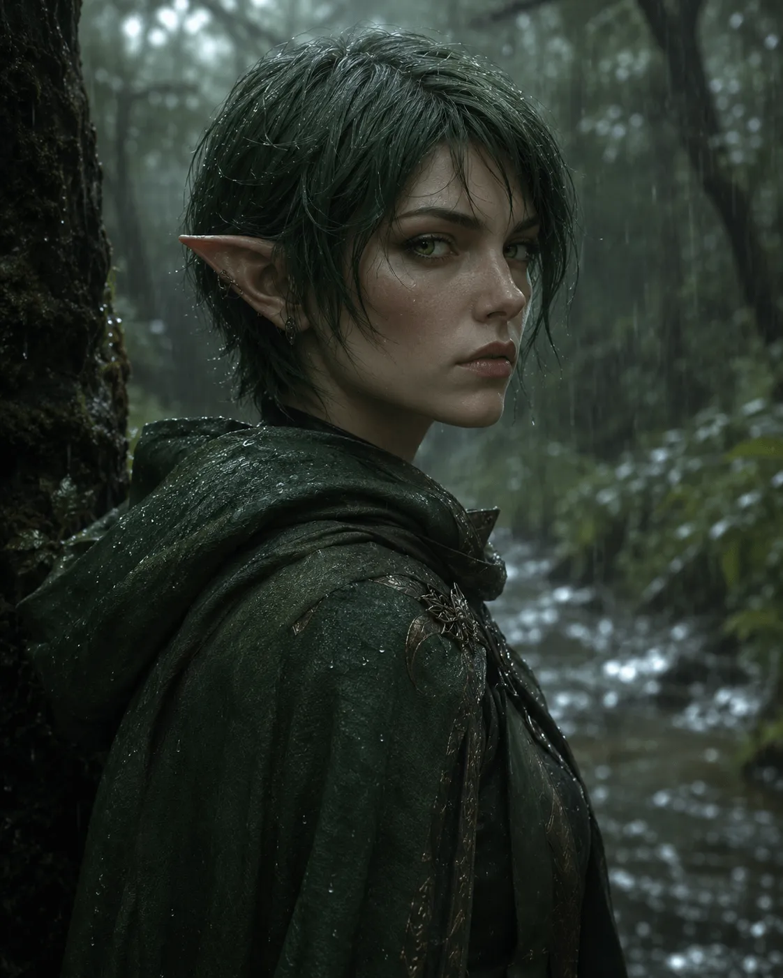 Elf Ears In Rainy Forest Cloak Portrait