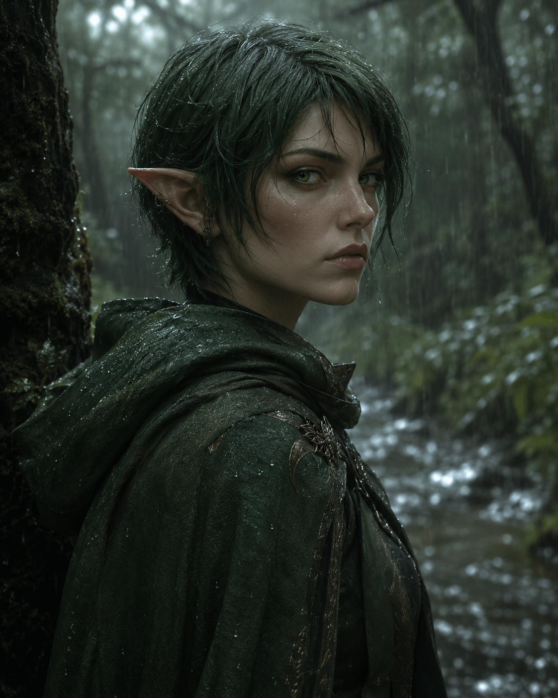 Elf In Rainy Dark Forest Hooded Cloak