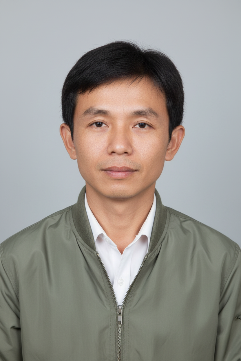 Restored studio portrait of an Asian man in a white shirt with a soft olive colored gloss, showing natural skin tones and sharp focus.