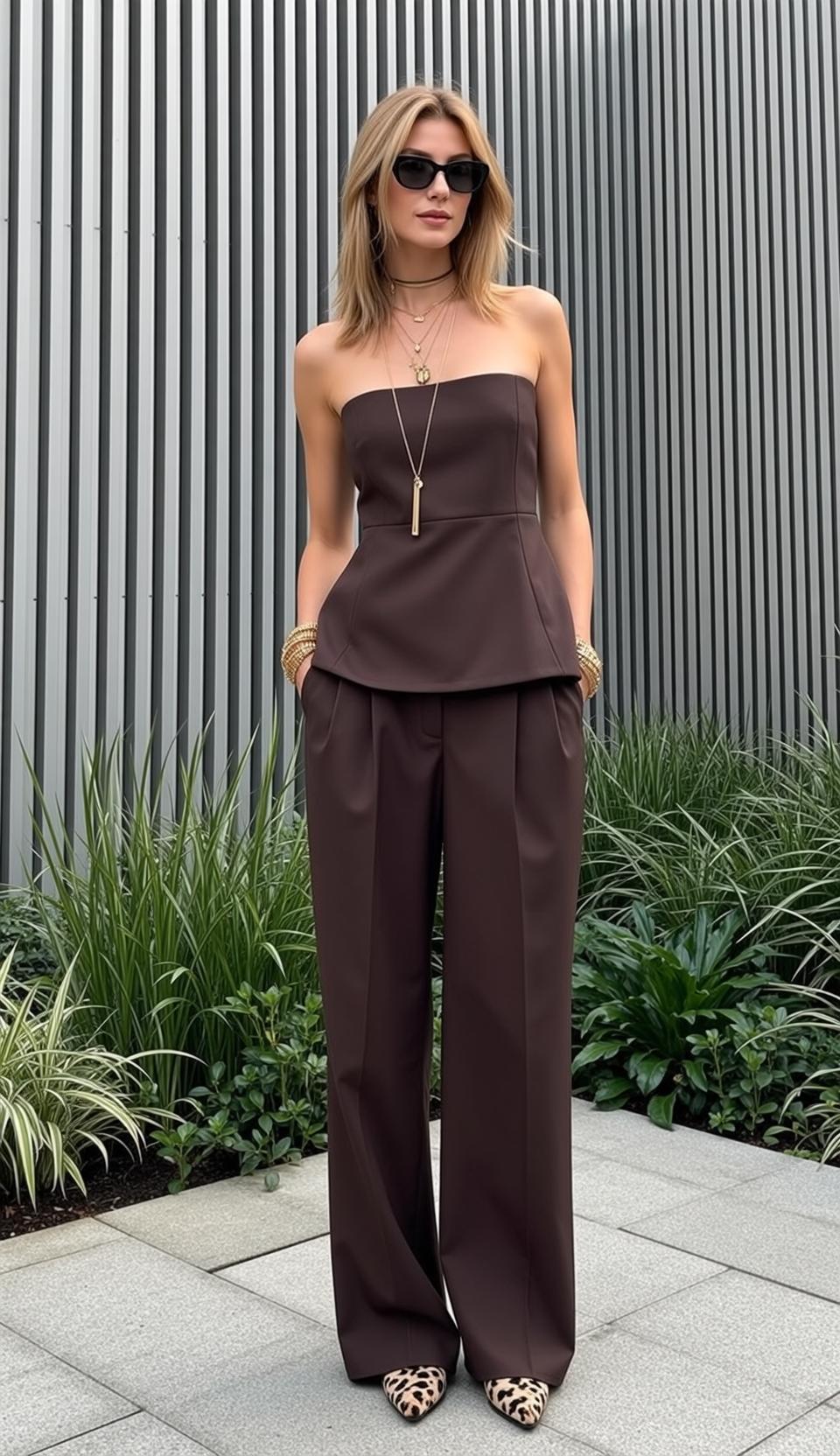 Blonde Woman Brown Peplum Top Urban Setting