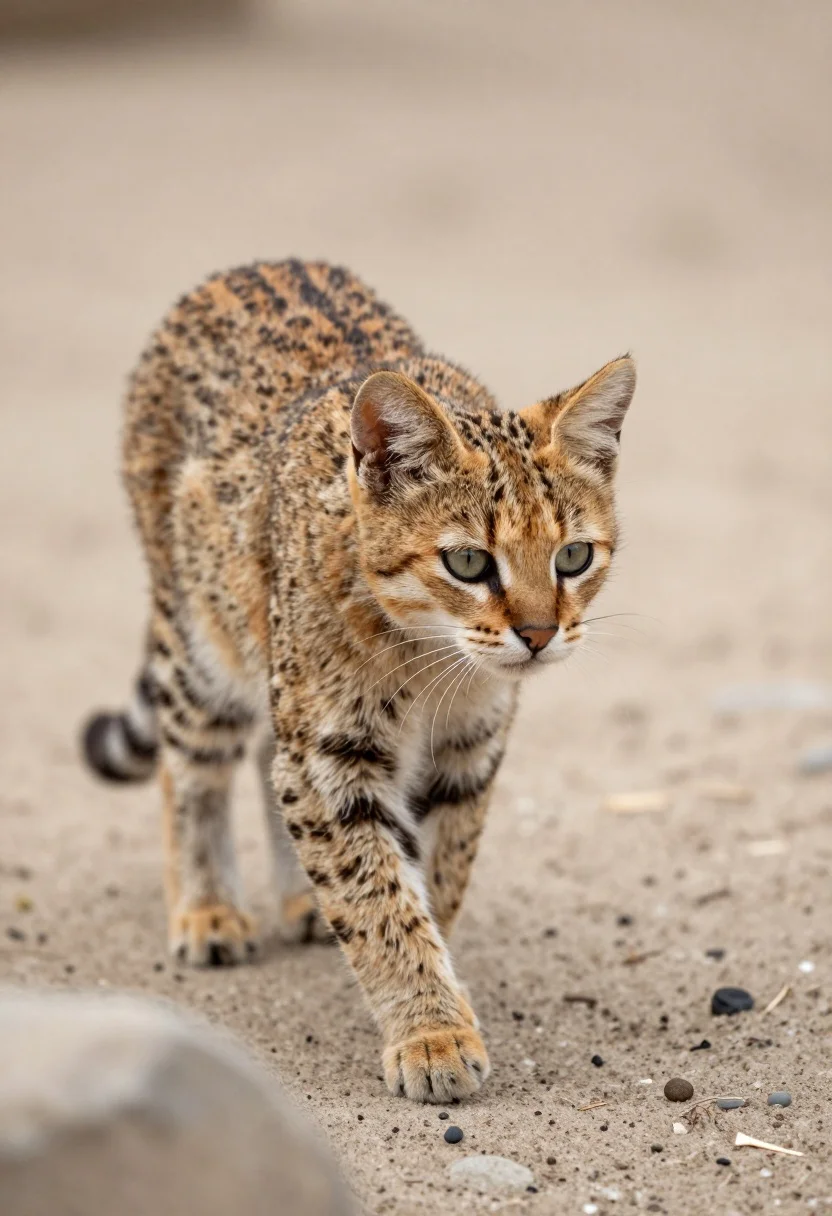 Sand Cat Walking Across Sandy Surface With Focused Attention Subject