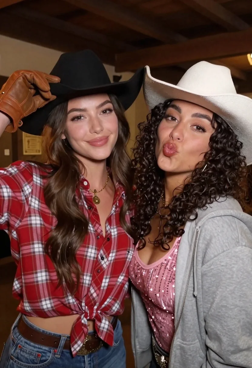Two Women Posing Closely Together Warm-toned Indoor Setting Wearing Cowboy reference photo
