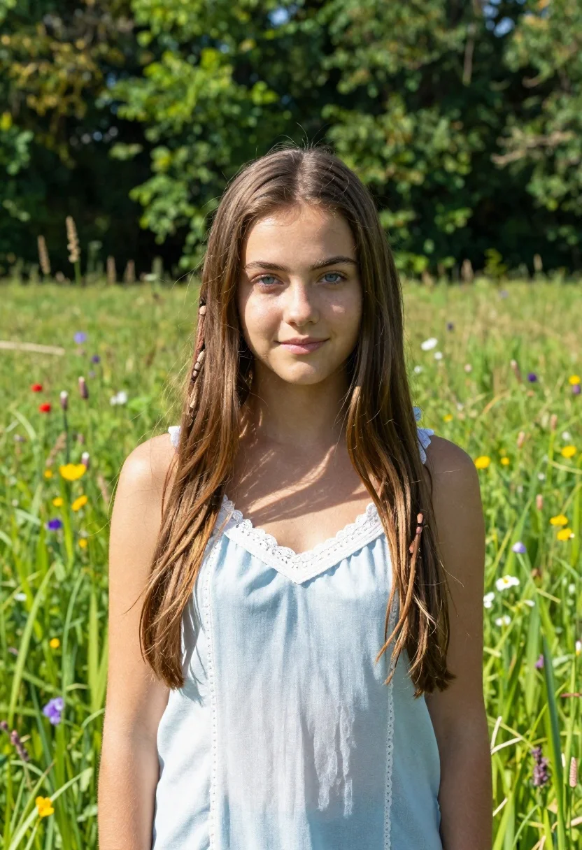 Young Woman With Long Brown Hair Stands Sunlit Grassy Field reference photo