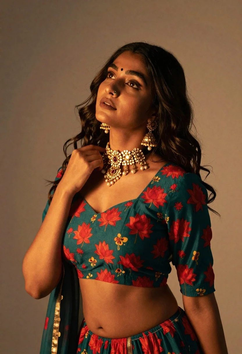 Woman Traditional Indian Outfit Poses With Her Hand Gently Touching reference photo
