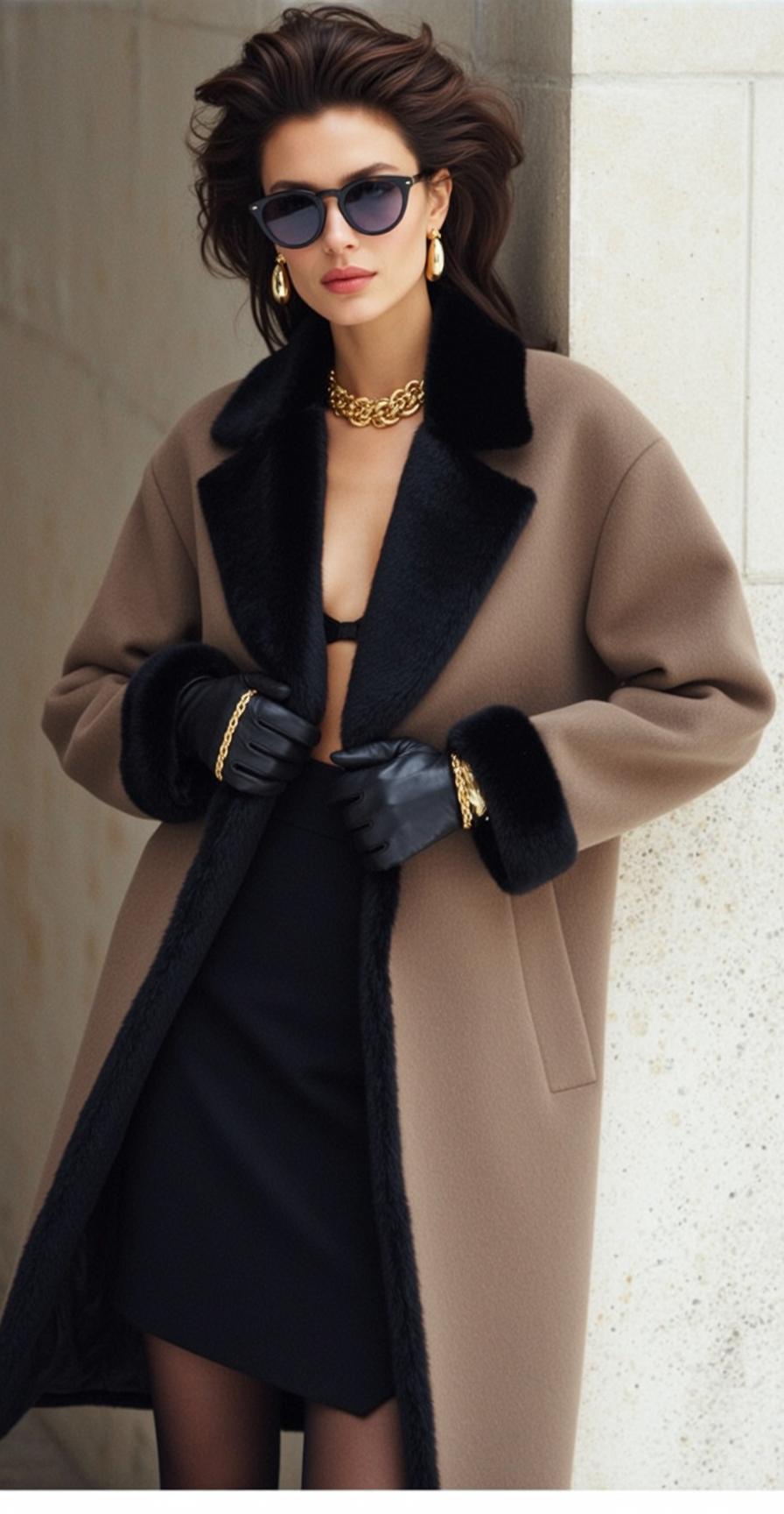Dark Hair Tan Coat Urban Stone Wall