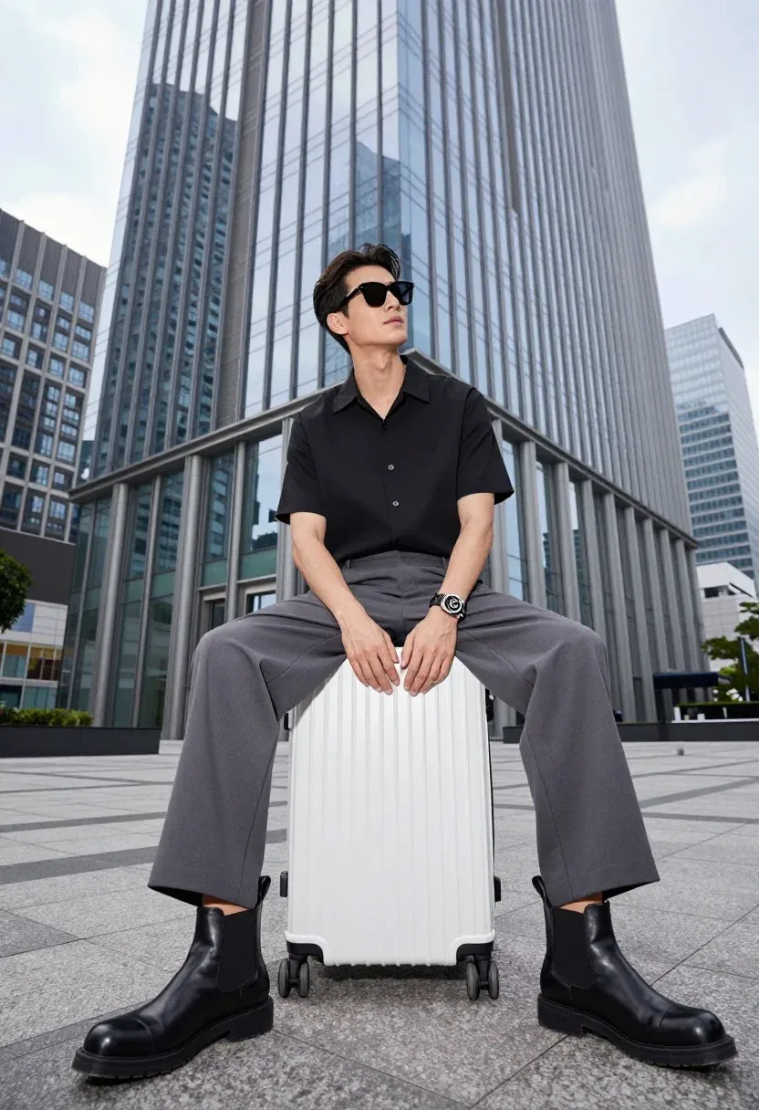 Stylish Man Sits Confidently Atop White Hard-shell Suitcase Front Modern
