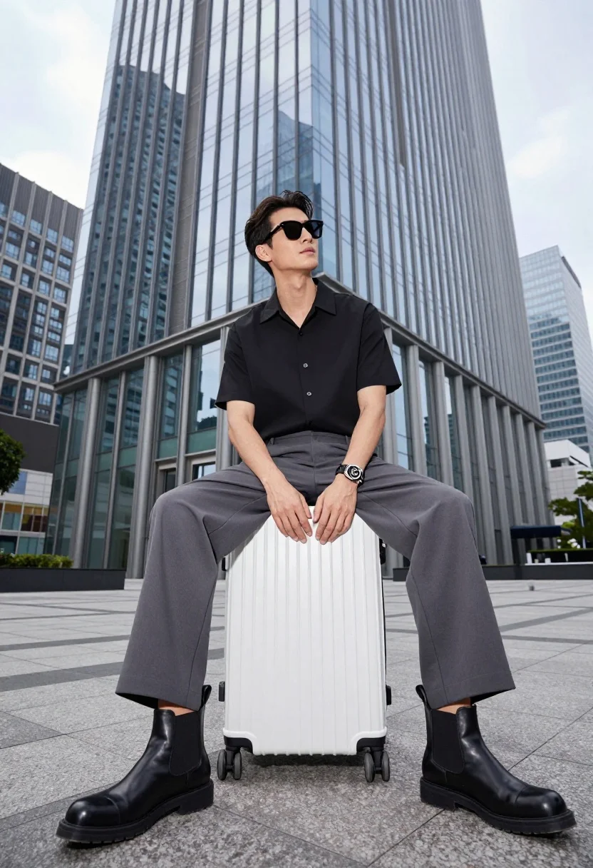 Stylish Man Sits Confidently Atop White Hard-shell Suitcase Front Modern