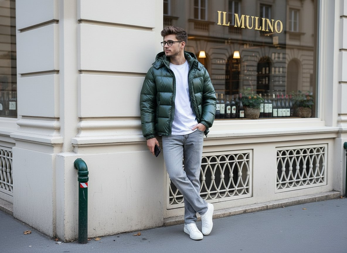 A young man in a glossy dark green puffer jacket leans effortlessly against the wall of IL MULINO cafe, showcasing relaxed street style.