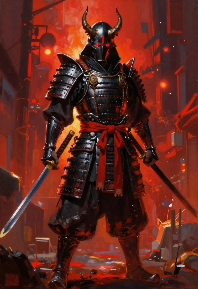 Oil Painting Menacing Futuristic Samurai Dark Armor With Glowing Red reference photo