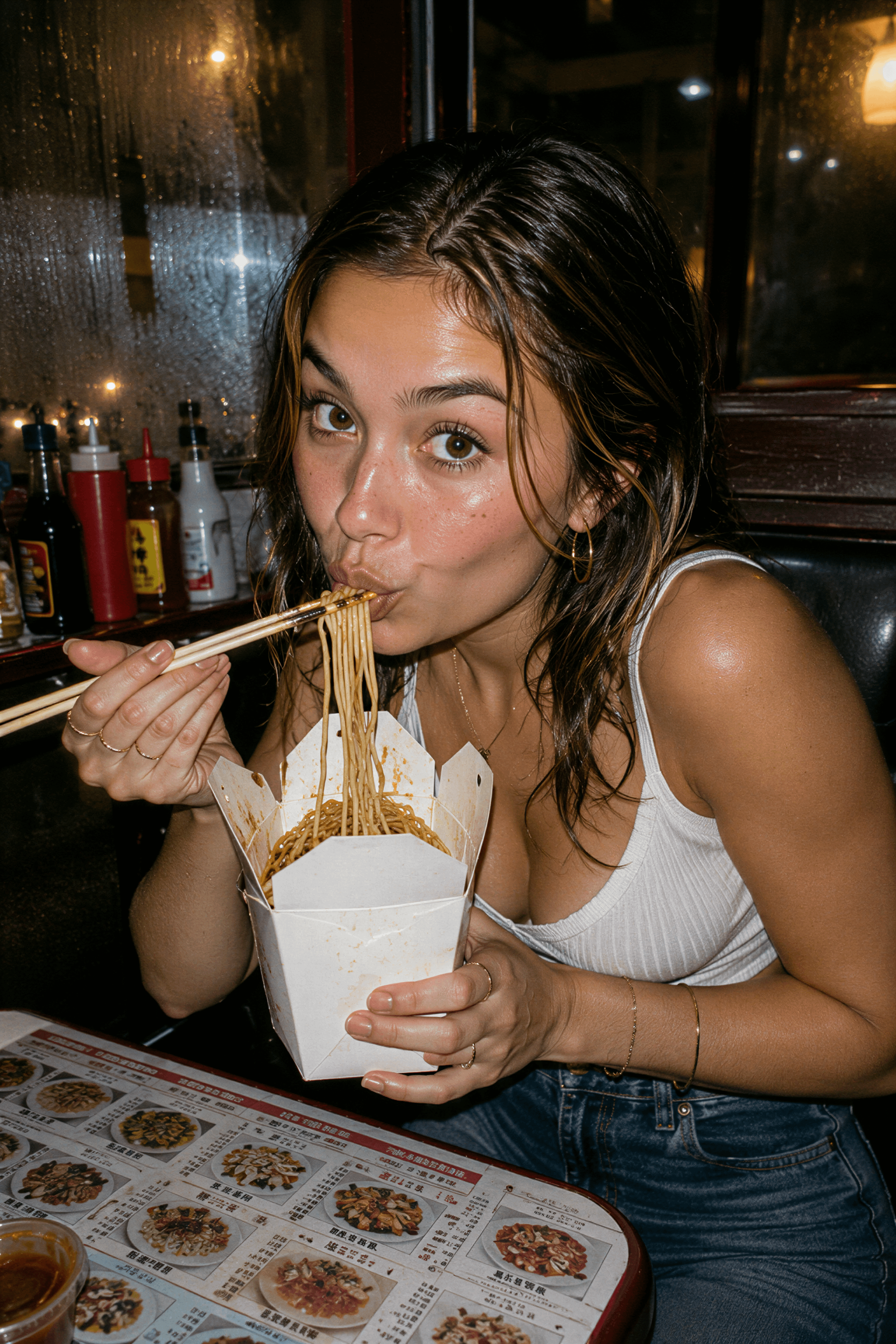 A chest-up portrait of a person eating noodles from a white cardboard takeout container in a dimly lit restaurant.