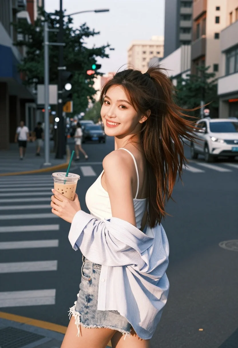 A young woman stands on a busy city street corner, holding an iced coffee drink with a green straw, illuminated by warm golden hour sunlight.