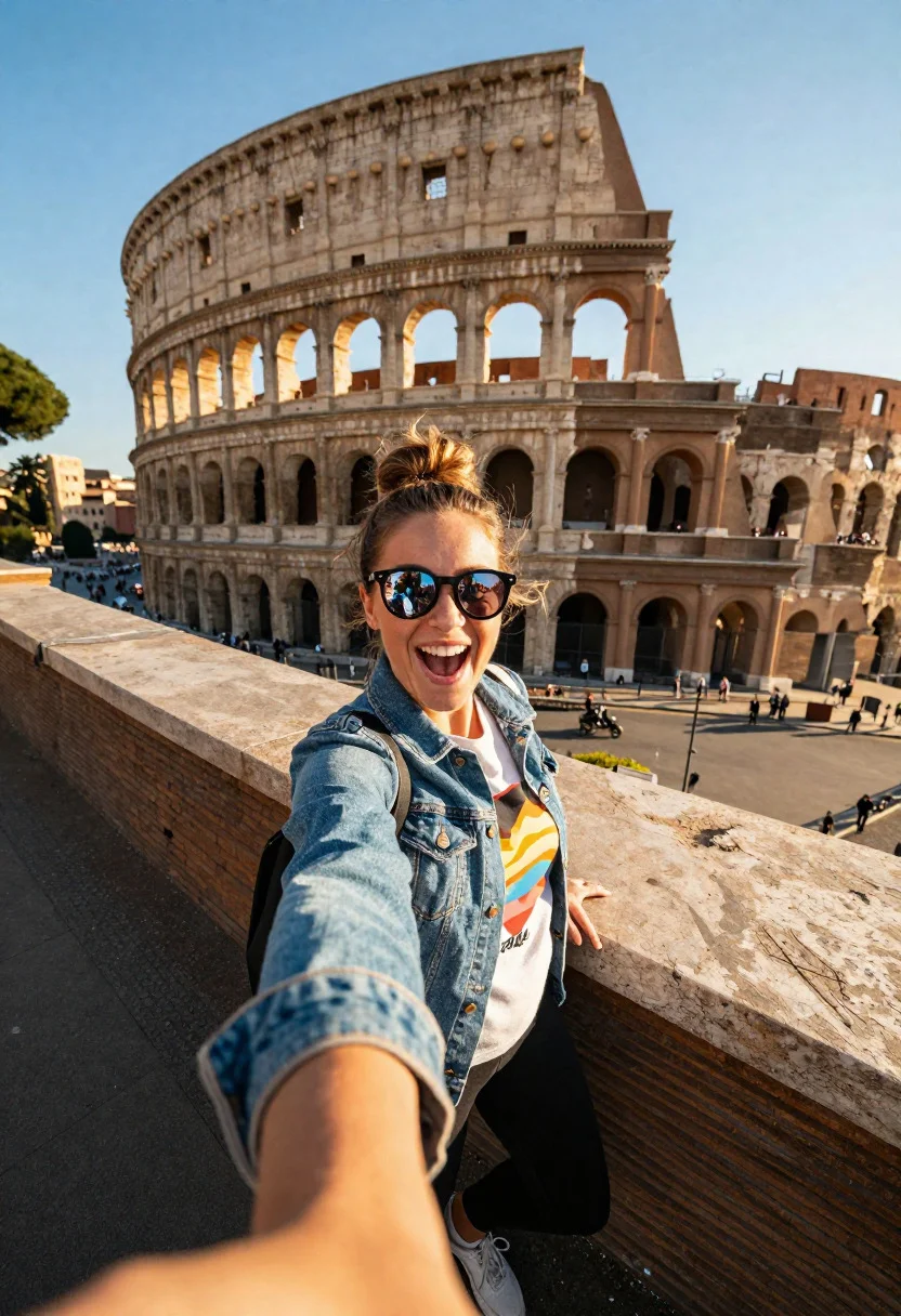 Vibrant Ancient Wonder Selfie Scene Excited Tourist Woman Capturing The reference photo