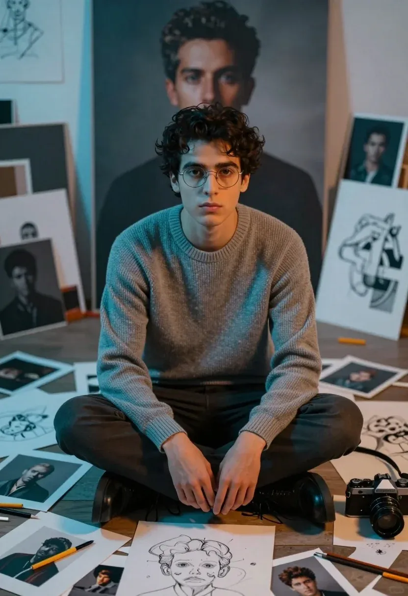 Young Man With Dark Hair And Glasses Sits Cross-legged Floor