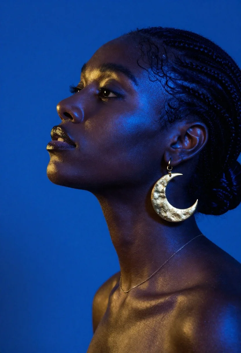Portrait Woman Dramatic Blue Lighting Subject Close-up Profile View Dark-skinned reference photo